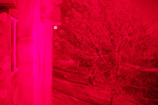 A scene bathed entirely in red and magenta light